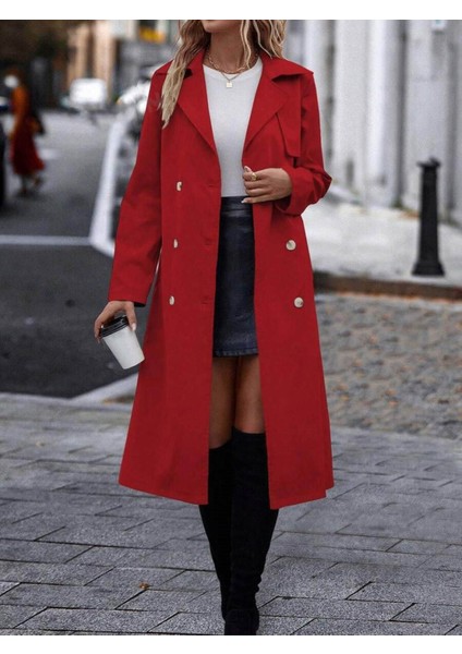 Ipeksi Kadın Uzun Kollu Yakalı Önden Düğmeli Beli Kuşaklı Midi Gabardin Trençkot fırsatları