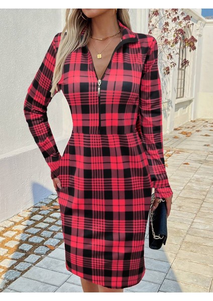 Ipeksi Kadın Uzun Kollu Fermuarlı Ekose Baskılı Dalgıç Elbise modelleri