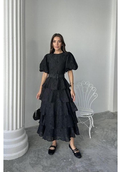 Ipeksi Siyah Kat Kat Balon Kollu Kemerli Elbise