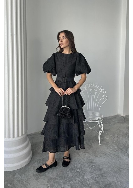 Ipeksi Siyah Kat Kat Balon Kollu Kemerli Elbise modelleri