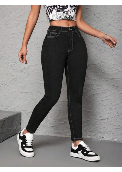 Ipeksi Kadın Yüksek Bel Önden Düğmeli Dar Kesim Kot Pantolon