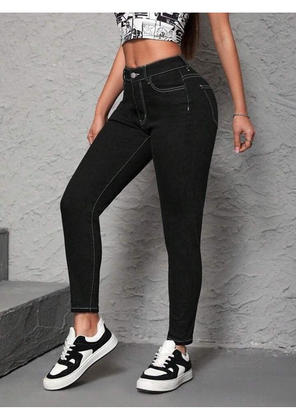Ipeksi Kadın Yüksek Bel Önden Düğmeli Dar Kesim Kot Pantolon