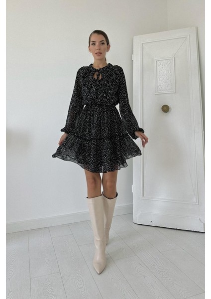 Ipeksi Siyah Eteği Katlı Puantiyeli Elbise fiyatları