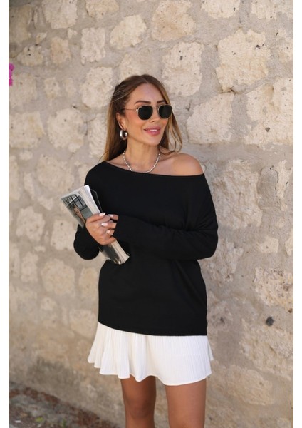 Ipeksi Kadın Uzun Kollu Tek Omuzu Açık Akrilik Bluz