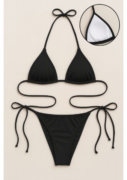 Kadın Siyah Yandan ve Boyundan Bağlamalı Bikini Mayo Takımı