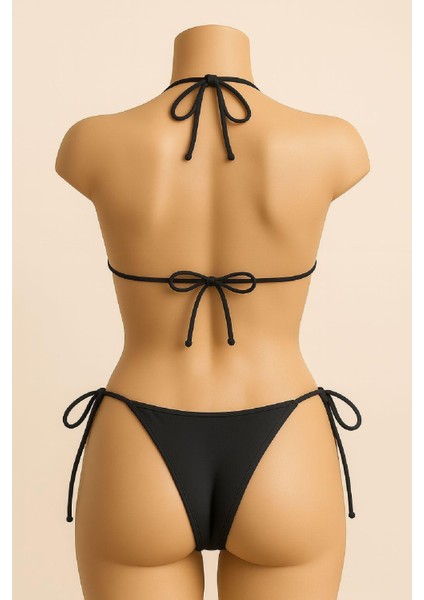 Kadın Siyah Yandan ve Boyundan Bağlamalı Bikini Mayo Takımı modelleri