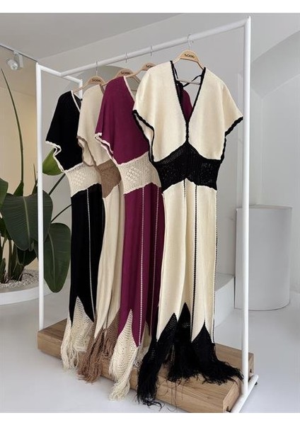 Ipeksi Dantel Desenli V Yaka Triko Elbise 2844