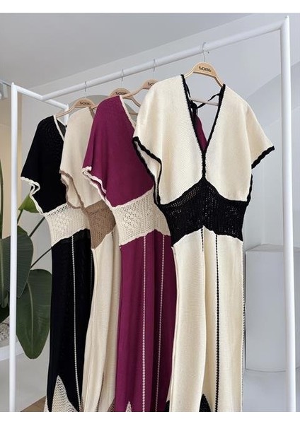 Ipeksi Dantel Desenli V Yaka Triko Elbise 2844