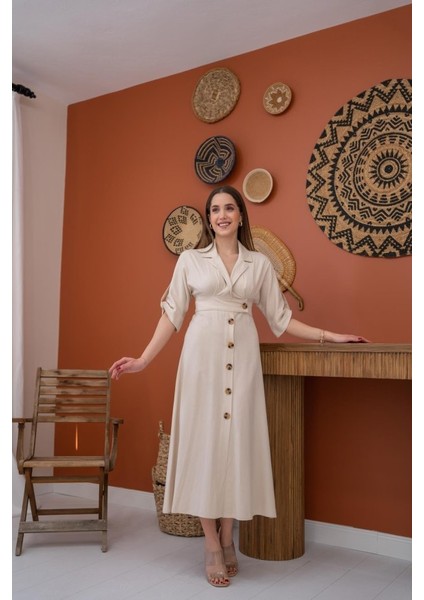 Ipeksi Bej Düğmeli Keten Elbise fiyatları