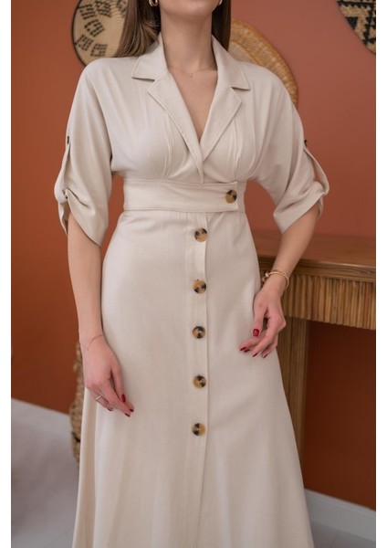 Ipeksi Bej Düğmeli Keten Elbise fırsatları