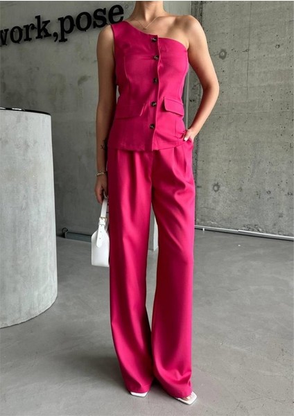 Ipeksi Tek Kol Yelek - Pantolon Takım Atlas - Fuşya modelleri