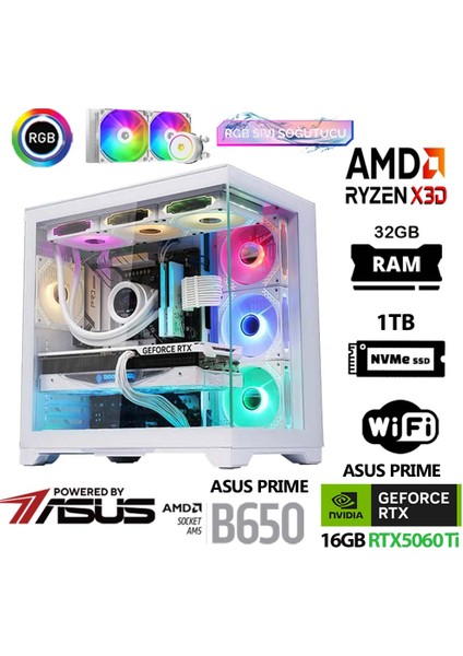 Prime X1 Ryzen 7 7800X3D 32GB Ddr5 Ram 1tb M.2 Nvme SSD 16GB RTX5060 Ti Sıvı Soğutmalı Masaüstü Oyuncu Bilgisayarı
