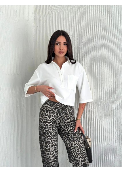 Ipeksi Crop Yakalı Gömlek Üç Çeyrek Sleeve Kol - Beyaz fırsatları