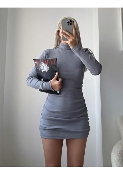 Ipeksi Kadın Uzun Kollu Balıkçı Yaka Büzgü Detay Kaşkorse Kumaş Mini Elbise