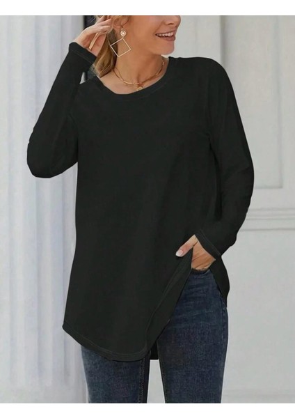 Ipeksi Kadın Uzun Kollu Yuvarlak Yaka Salaş Iki Iplik Bluz