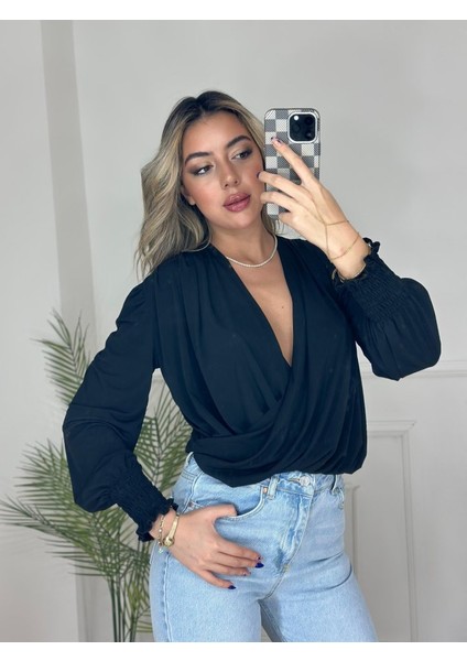 Ipeksi Kadın Uzun Kollu Dökümlü Kruvaze Yaka Kol Ucu Gipeli Sandy Bluz fiyatları