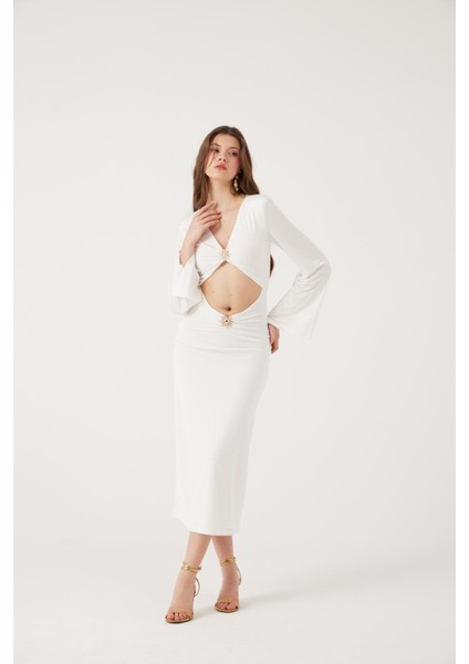 V Yaka Aksesuarlı Uzun Sunlit Elbise Beyaz fiyatları