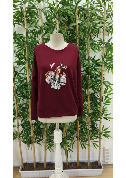 Ipeksi Kadın Yılbaşı Özel Uzun Kollu Bisiklet Yaka Desenli Viskon Iki Iplik Bluz