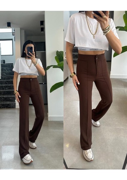 Ipeksi Kadın Yüksek Bel Full Likralı Krep Kumaş Pantolon