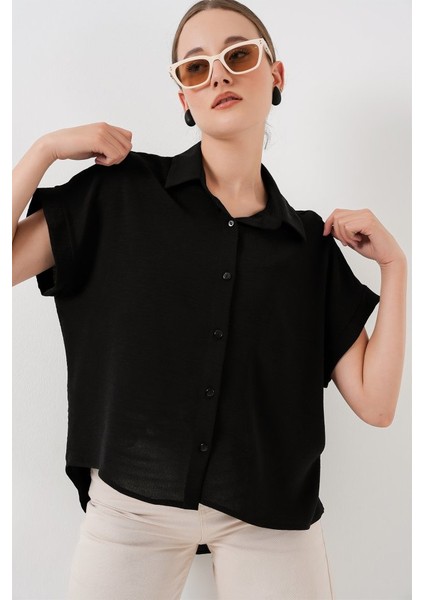 Ipeksi Oversize Kısa Kol Gömlek 20322 - Siyah modelleri