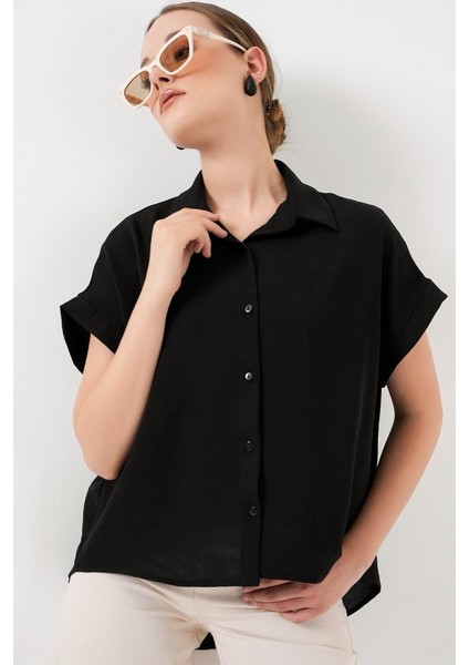 Ipeksi Oversize Kısa Kol Gömlek 20322 - Siyah fırsatları
