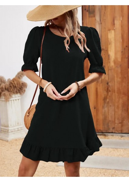 Ipeksi Kadın Kısa Kollu Kol ve Eteği Volanlı Bisiklet Yaka Aerobin Elbise fırsatları