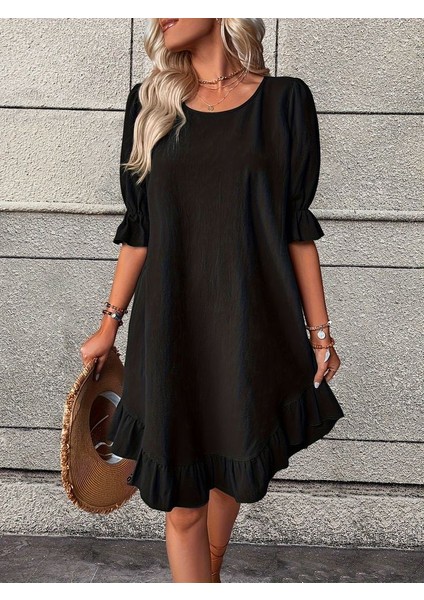 Ipeksi Kadın Kısa Kollu Kol ve Eteği Volanlı Bisiklet Yaka Aerobin Elbise