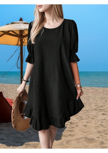 Ipeksi Kadın Kısa Kollu Kol ve Eteği Volanlı Bisiklet Yaka Aerobin Elbise