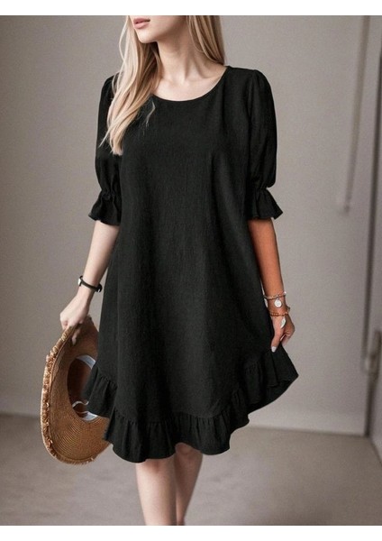 Ipeksi Kadın Kısa Kollu Kol ve Eteği Volanlı Bisiklet Yaka Aerobin Elbise