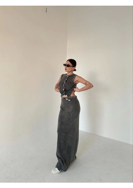 Ipeksi Uzun Etekli Önü Düğmeli Badi Ikili Takım- Antrasit