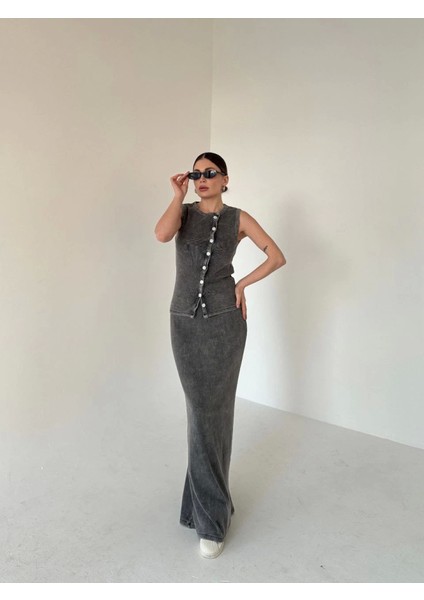 Ipeksi Uzun Etekli Önü Düğmeli Badi Ikili Takım- Antrasit modelleri