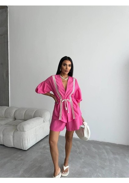 Ipeksi Keten Bel Büzgülü Bluz-Pantolon Takım - Fuşya fiyatları