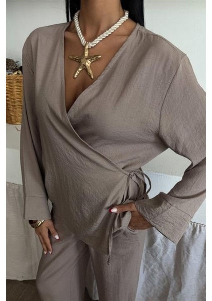 Ipeksi Kruvaze Model Klasik Pantolonlu Çupra Keten Takım 10191