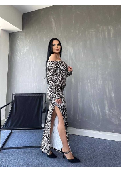 Ipeksi Kadın Madonna Yaka Dalgıç Kumaş Leopar Desen Maxi Boy Derin Yırtmaçlı Elbise modelleri