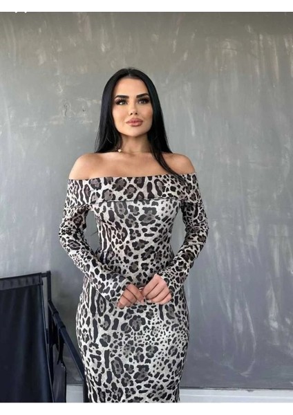 Ipeksi Kadın Madonna Yaka Dalgıç Kumaş Leopar Desen Maxi Boy Derin Yırtmaçlı Elbise fırsatları