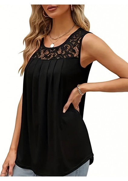 Ipeksi Kadın Askılı Yuvarlak Yaka Dantel Detaylı Viskon Bluz indirimleri