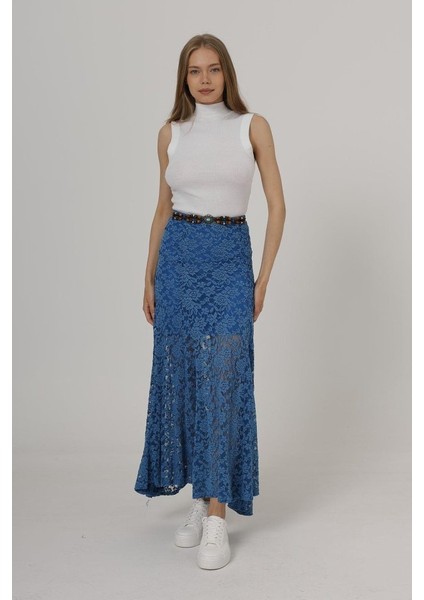 Ipeksi Bel Lastikli Dantel Etek - Mavi