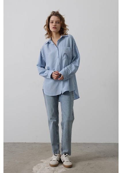 Ipeksi Çizgili Tek Cep Gömlek - Bebe Mavisi fiyatları
