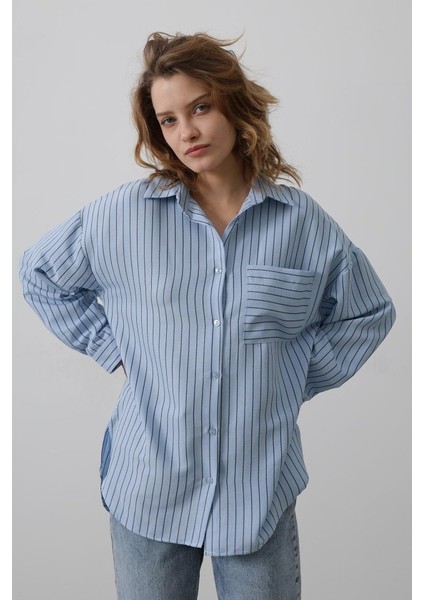 Ipeksi Çizgili Tek Cep Gömlek - Bebe Mavisi fırsatları