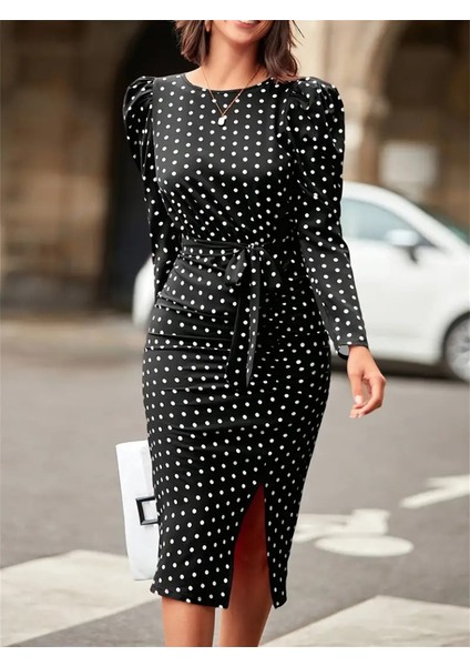 Ipeksi Kadın Uzun Kollu Yuvarlak Yaka Belden Kuşaklı Önden Yırtmaçlı Örme Krep Elbise