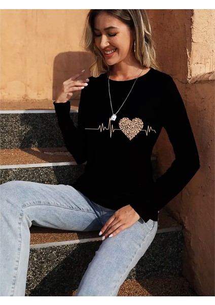 Ipeksi Kadın Uzun Kollu Bisiklet Yaka Kalp Desenli Bluz modelleri