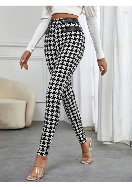 Ipeksi Kadın Yüksek Bel Kaz Ayağı Desenli Yan Şerit Düğme Detaylı Dalgıç Pantolon fırsatları