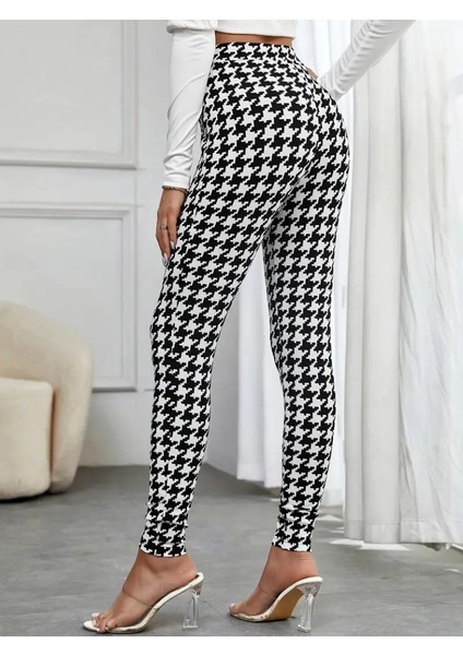 Ipeksi Kadın Yüksek Bel Kaz Ayağı Desenli Yan Şerit Düğme Detaylı Dalgıç Pantolon indirimleri