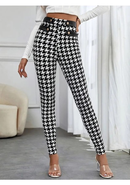 Ipeksi Kadın Yüksek Bel Kaz Ayağı Desenli Yan Şerit Düğme Detaylı Dalgıç Pantolon