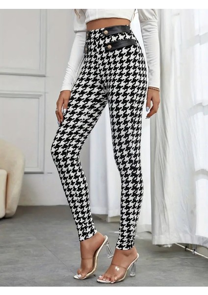 Ipeksi Kadın Yüksek Bel Kaz Ayağı Desenli Yan Şerit Düğme Detaylı Dalgıç Pantolon