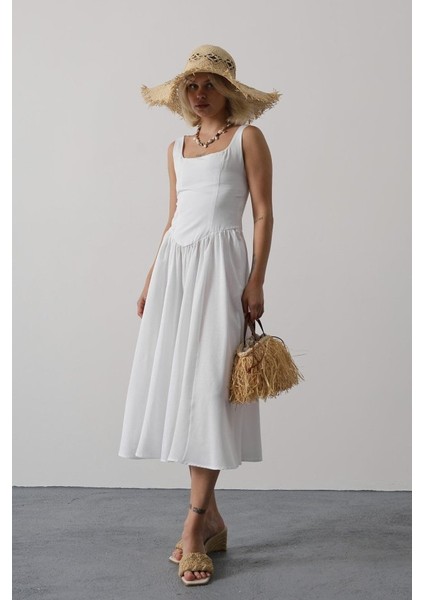 Ipeksi Askılı Uzun Elbise - Beyaz