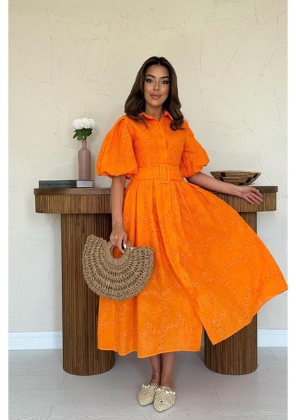 Ipeksi Oranj Pileli Balkon Elbise