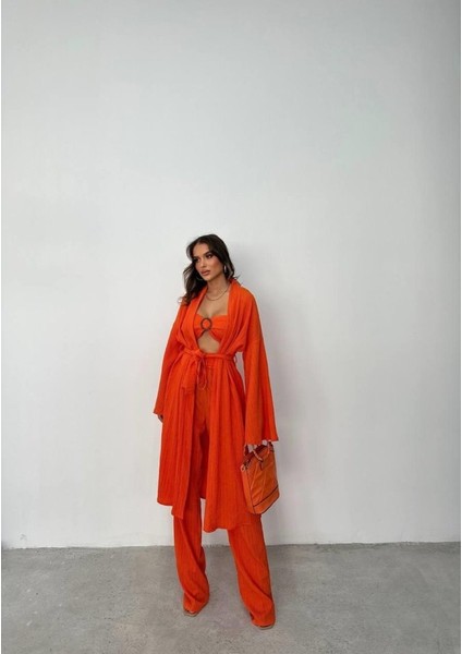 Ipeksi Krınkıll Büstiyer-Pantolon-Kimono Takım - Orange