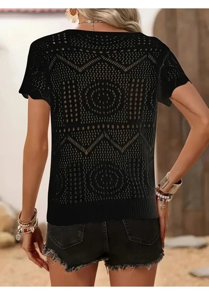 Ipeksi Kadın Kısa Kollu Bisiklet Yaka Desenli Triko Bluz fırsatları