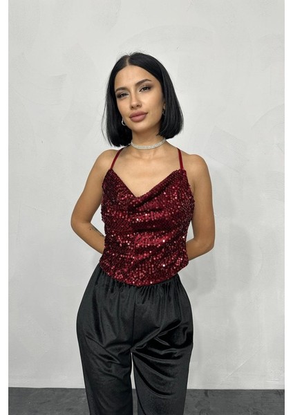 Ipeksi Bordo Askılı Degaje Bluz